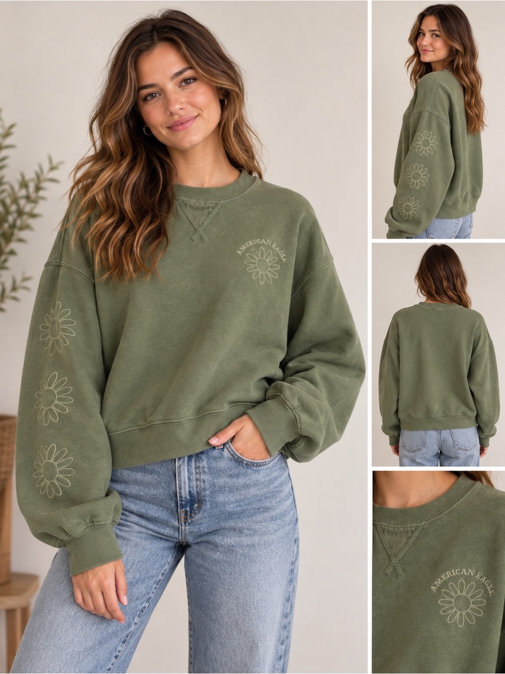 American Eagle Daisy Embroidered Sweatshirt Olive Green Oversized Floral Small